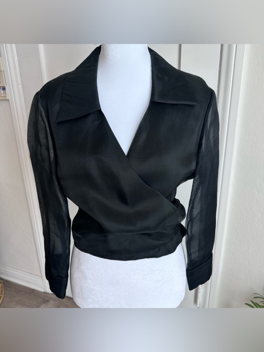 VIE by Victoria Royal Black Silk Sheer Sleeve Wrap Blouse 8